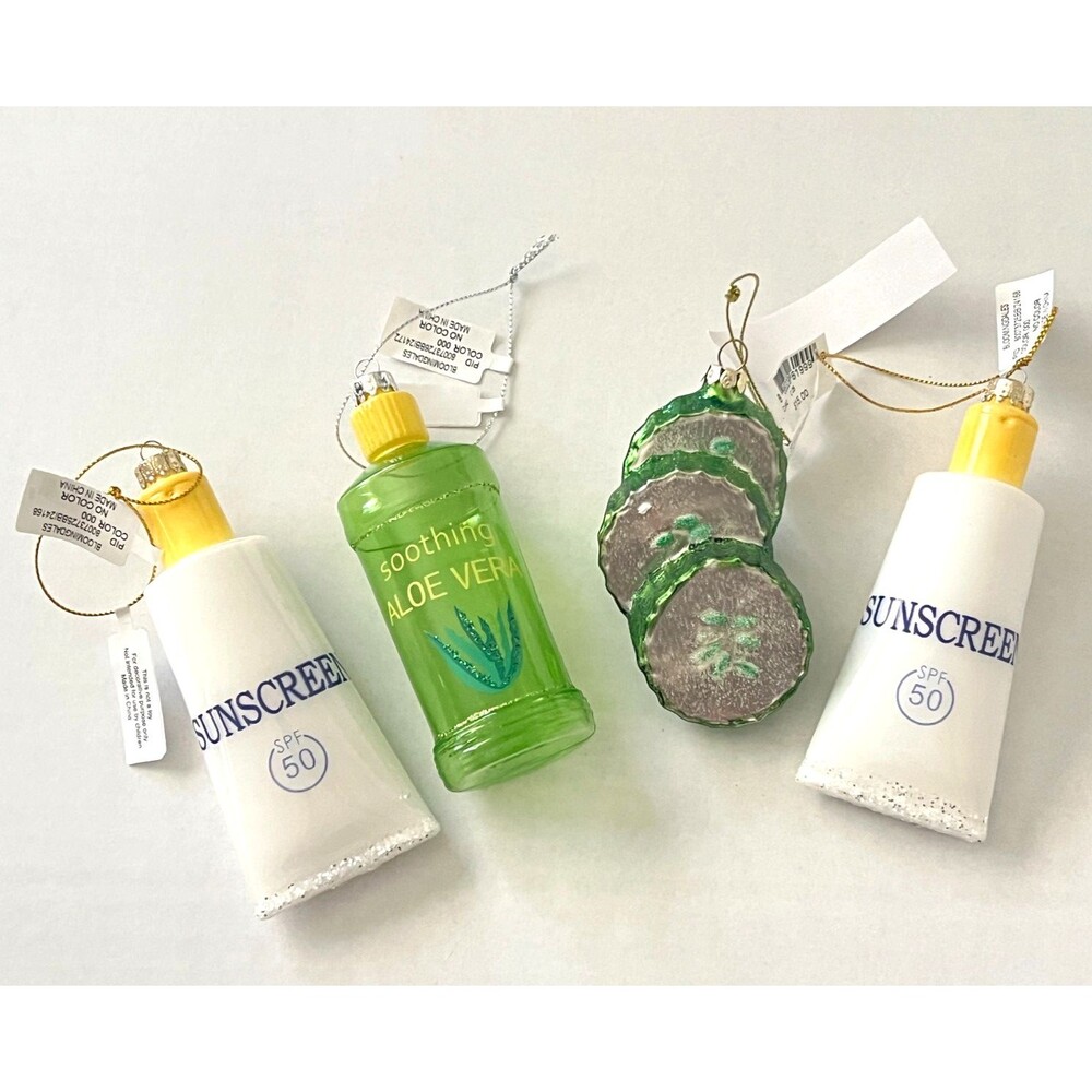 NWT Bloomingdales 4pc Set Spa Ornaments Glass Christmas Tree Resort Sunscreen